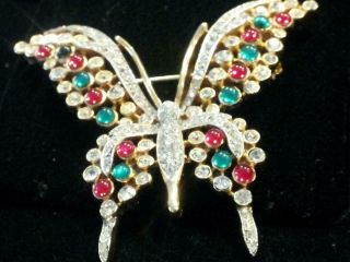 Vtg Rare Signed Trifari Lg Butterfly Brooch W Ruby Emerald Cabs & Crystal Pave