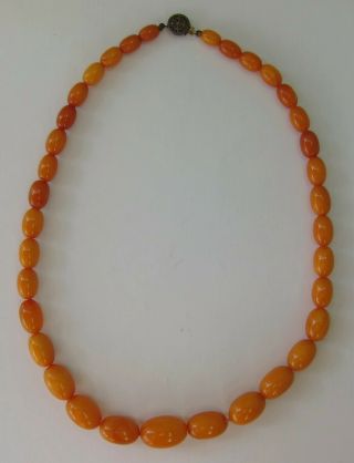 Antique Egg Yolk Butterscotch Amber Bead Necklace - Sterling Clasp - 19.  4 Grams