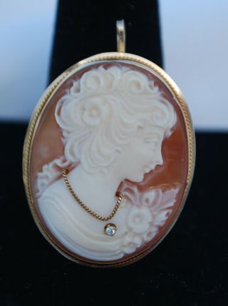 Vintage 14k Yellow Gold Carved Shell Cameo Pendant Charm Brooch W/ Diamond