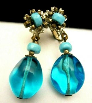 Rare Vintage 1 - 3/4 " Signed Miriam Haskell Gilt Aqua Blue Glass Dangle Earrings