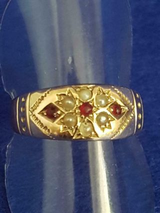 Early 20th Century Antique 9ct Gold Ring W Sml Rubies & Seed Pearls P/8 1.  8g