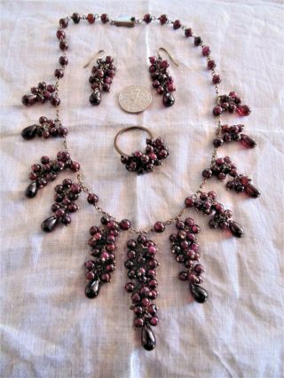 Antique Bohemian - Czech Garnet Bib Necklace,  Ring & Dangle Drop Earrings Set