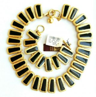 Anne Klein Matte Gold Tone Black Enamel Necklace And Bracelet Set Vtg Couture