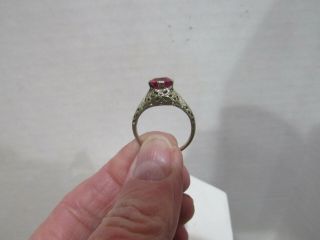 Vintage Art Deco 18k White Gold Ruby Filigree Wedding Engagement Birth Ring S7