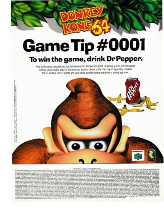 1999 Vintage Print Ad - Nintendo 64 N64.  Donkey Kong 64 Dr Pepper Ad.  Ad Only