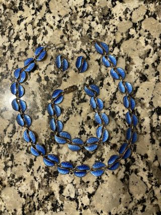 David Andersen Norway 925s Sterling Blue Enamel Leaf Necklace Bracelet Earrings
