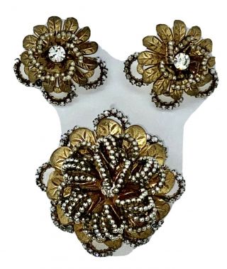 Miriam Haskell Seed Pearl And Rhinestone Brooch And Earring Set.  Stunning