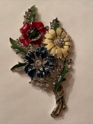 Crown Trifari Alfred Philippe Enamel Flower Rhinestone Bouquet Fur Clip 1940’s