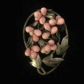 Antique Unusual Wired Pink Coral Conch Pearl Glass Clip Brooch Pin Lead Alloy