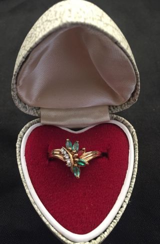 Vintage 9ct Gold Emerald Ruby And Diamond Ring.  Full British Hallmark.  London.