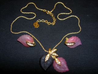 Rare Vtg Christian Dior Pink Molded Glass Rhinestone Leaf Necklace Earrings Set