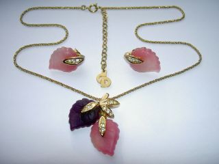 Rare VTG Christian Dior Pink Molded Glass Rhinestone Leaf Necklace Earrings Set 3
