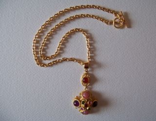 Jeweled,  Natasha Stambouli,  Signed,  Maltese Cross Dangle Necklace,  24K GP,  Semi prec 2