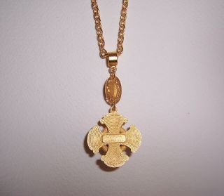 Jeweled,  Natasha Stambouli,  Signed,  Maltese Cross Dangle Necklace,  24K GP,  Semi prec 3