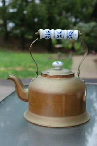 Vintage Copper Brass Tea Kettle Pot With Blue And White Porcelain Handles & Knob