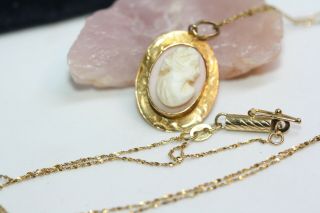Antique Victorian Carved Shell Cameo Pendant 14k Yellow Solid Gold Necklace 19 "