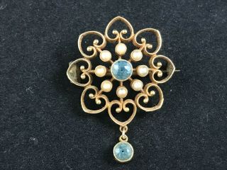 Antique Victorian - Edwardian 18ct Carat Gold Aquamarine Pearl Brooch W Drop