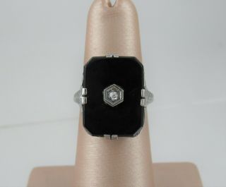 Antique 14k White Gold Black Onyx Diamond Ring Filigree Vintage Statement Size 5
