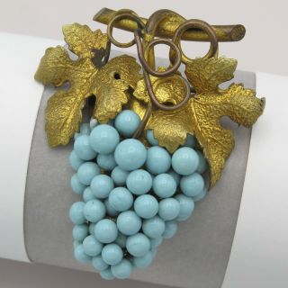 Vtg Art Deco Persian Turquoise Glass Grape Cluster Pate De Verre Brooch Pin