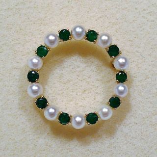 Solid 14k Yellow Gold Pearls & Emeralds Brooch / Pin
