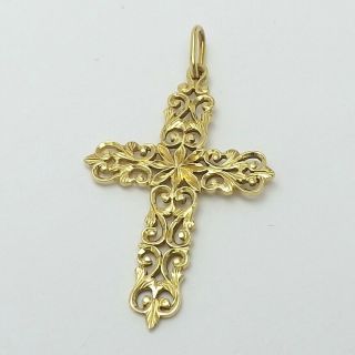 18k Gold 750 Italy Hand Carved Floral Scroll Cross Charm Pendant