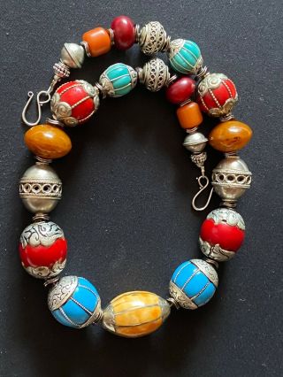 Moroccan Berber Copal African Resin Amber And Silver Tibetan Nepalese Necklace.