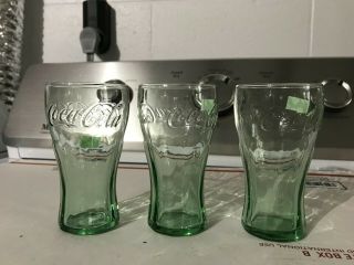 Set Of 3 Vintage Coca Cola Glasses 4” Green Pebble 6 Oz.  Coke Juice Glass