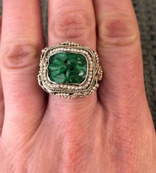 Antique Chinese Carved Jade Sterling Silver & Seed Pearl Ring