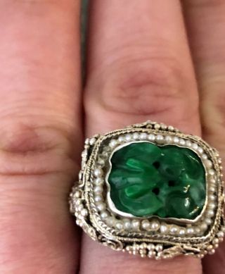 Antique Chinese Carved Jade Sterling Silver & Seed Pearl Ring 3