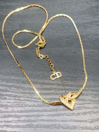Vintage Christian Dior Crystal Knotted Heart Necklace Flat Gold Chain 16”