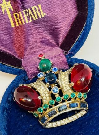 Large Sterling Trifari Alfred Philippe Ruby Cabochon Royal Coronation Crown Pin