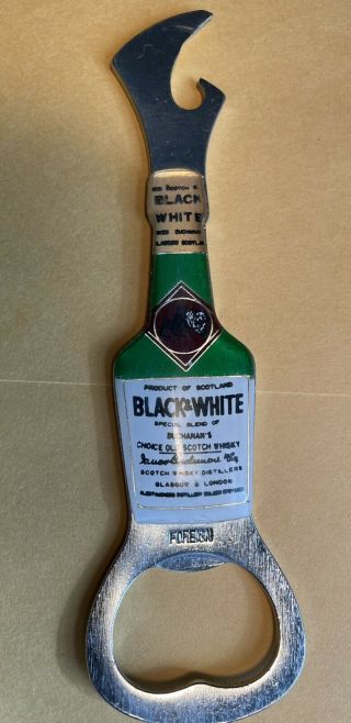 Vintage Black & White Scotch Whiskey Buchanan’s Scotland Chrome Bottle Opener