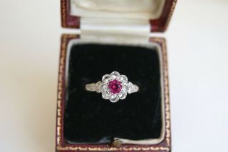 Fine Vintage Art Deco 9 Carat Gold Ruby & Clear Paste Daisy Cluster Ring