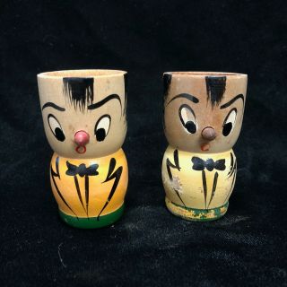 2 Vintage Wooden Egg Cups Man With Bow Tie And Red Nose