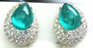 Fabulous Ciner Flawed Emerald Green Cabochon Crystals Rhodium Clip Earrings C