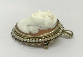 Art Deco Carved Shell Cameo Extreme High Relief 800 Silver Seed Pearls Full Face