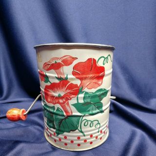 Vintage Metal Flour Sifter Mid Century Shabby Chic,  Wood Knob Crank /red Flowers