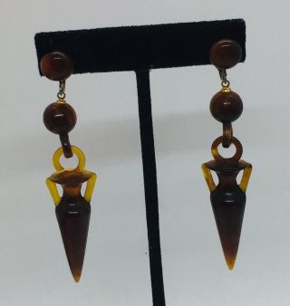 Vintage Costume Amber Color Lucite Urn Dangle Pierced Earrings