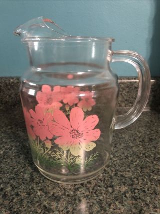 Vintage Clear Glass Large Pitcher With Green & Pink Flowers Ribbed Handle