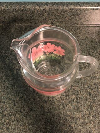 VINTAGE CLEAR GLASS LARGE PITCHER WITH GREEN & PINK FLOWERS RIBBED HANDLE 2