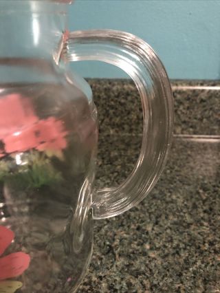 VINTAGE CLEAR GLASS LARGE PITCHER WITH GREEN & PINK FLOWERS RIBBED HANDLE 3