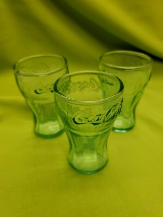 Set Of 3 Vintage Green Glass Coca Cola Coke Glasses 3 " Mini Glasses Shot Juice