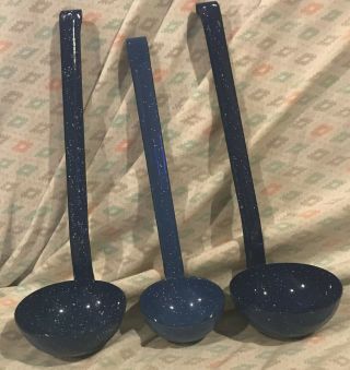 Vintage Blue And White Speckled Enamelware Ladles 3 Piece
