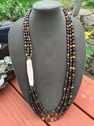 Ooak Vtg Chinese 14k Gold Tri - Color Tigers Eye Carved Focal Beaded Luck Necklace