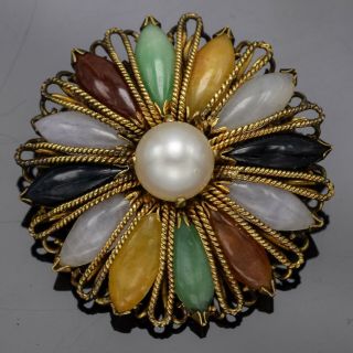 Vintage 18k Yellow Gold Multi - Color Jade & Sea Pearl Floral Brooch Pin 9.  3 Grams