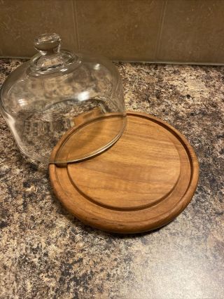 Vintage Goodwood Teak Wood Cheese Tray W/ 6” Glass Dome,  Cond