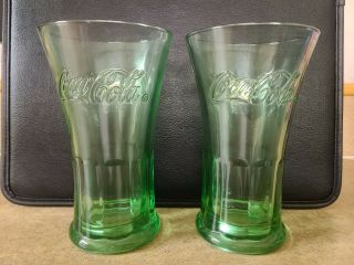 Set Of 2 Vintage Coke Coca - Cola Green Glass Cups Tumblers Flared Heavy