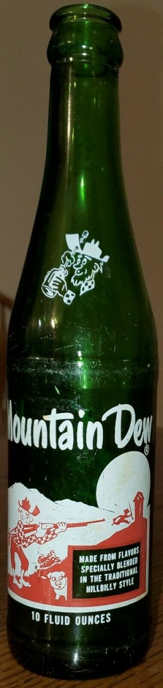 Mountain Dew Soda Pop Green Glass Bottle 10 Fl Oz Hillbilly & Pig Tickle Innards