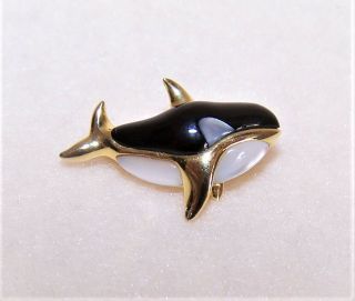 Vintage Asch Grossbardt 18k Gold Mother Of Pearl Onyx Killer Whale Pin Brooch