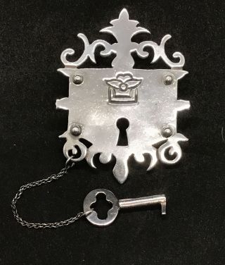 Vintage Los Castillo Taxco Sterling Silver Lock & Key Brooch Figural Pin Mexico